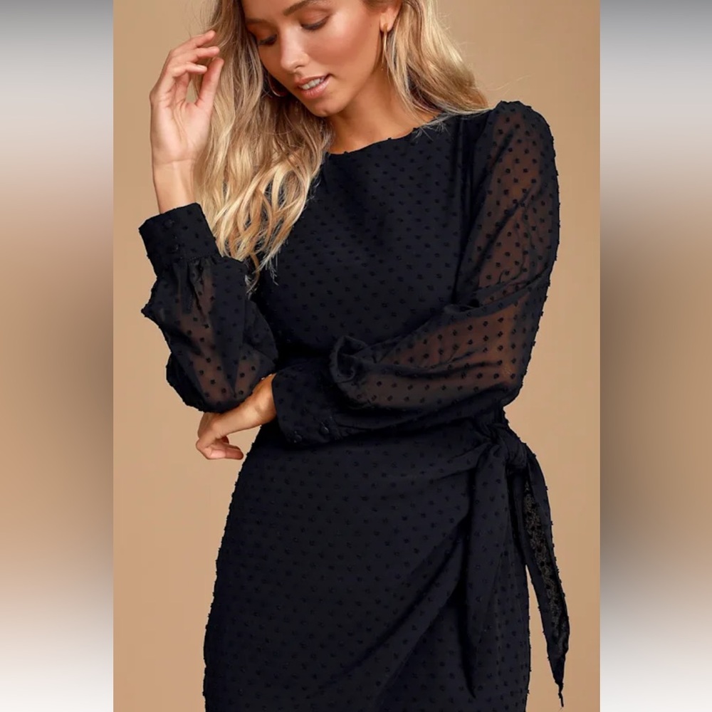 Lulus Much Love Black Swiss Dot Long Sleeve Tie-Front Mini Dress XS